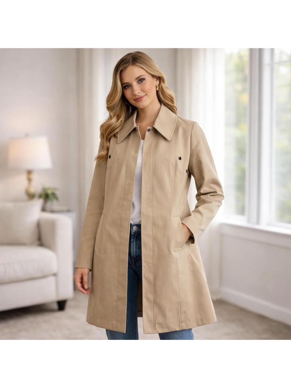Via Spiga Tan Trench Coat Women’s Size 2 Cotton Blend Lined Long Jacket